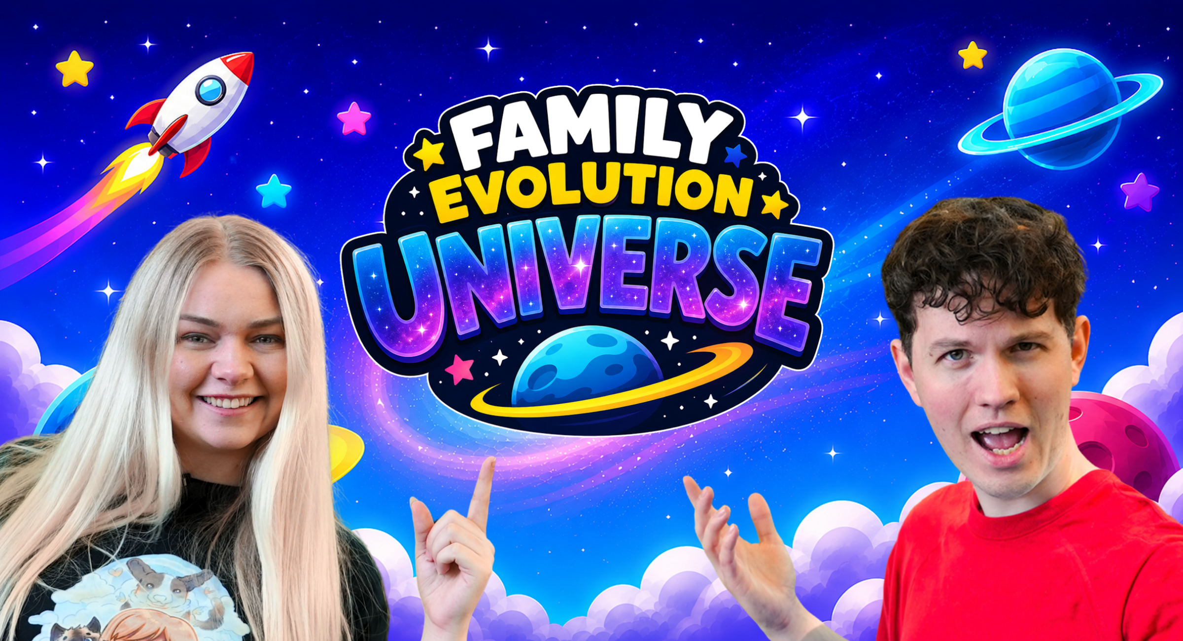 Family Evolution Universe med creators i et farverigt rumunivers